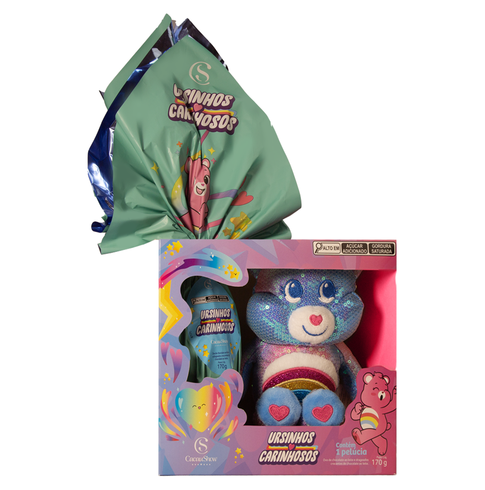 Kit com 3 Ovos de Páscoa Ursinhos Carinhosos Pelúcia Colorido 170g