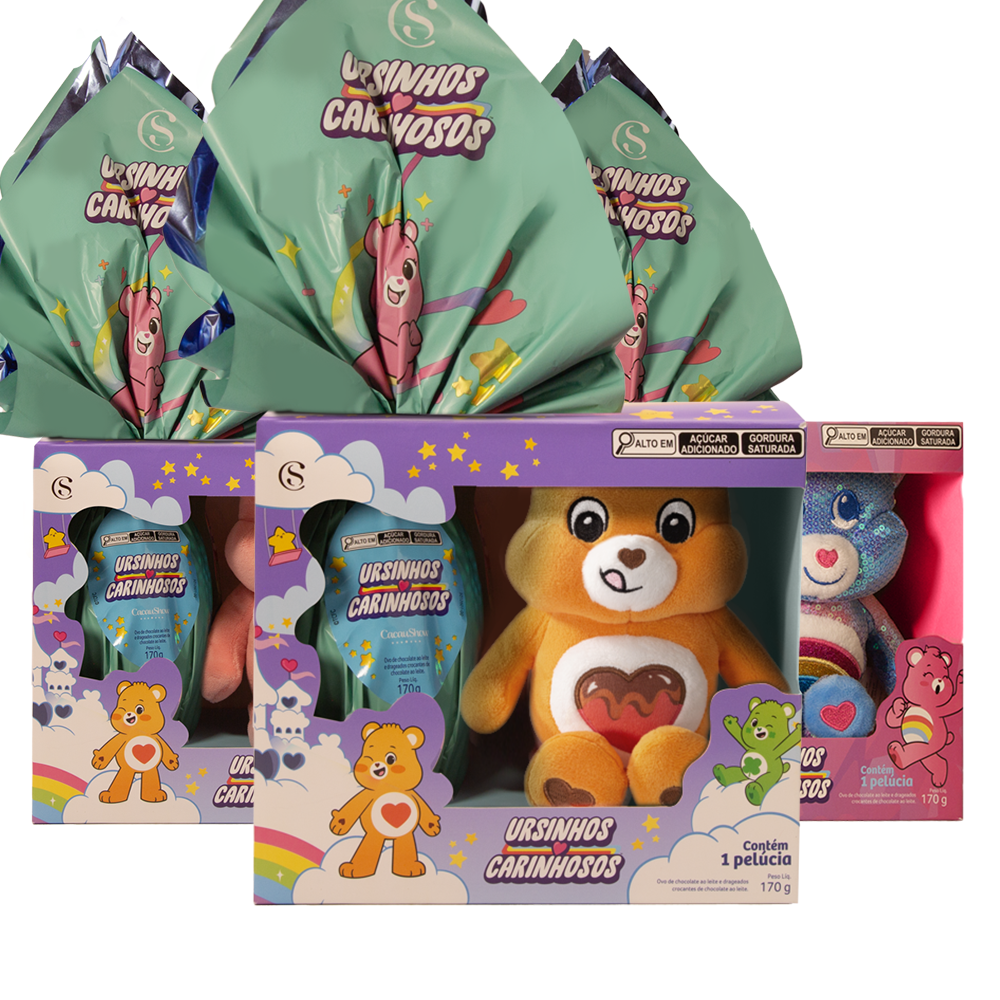 Kit com 3 Ovos de Páscoa ao Leite Ursinhos Carinhosos 170g Com Pelúcia