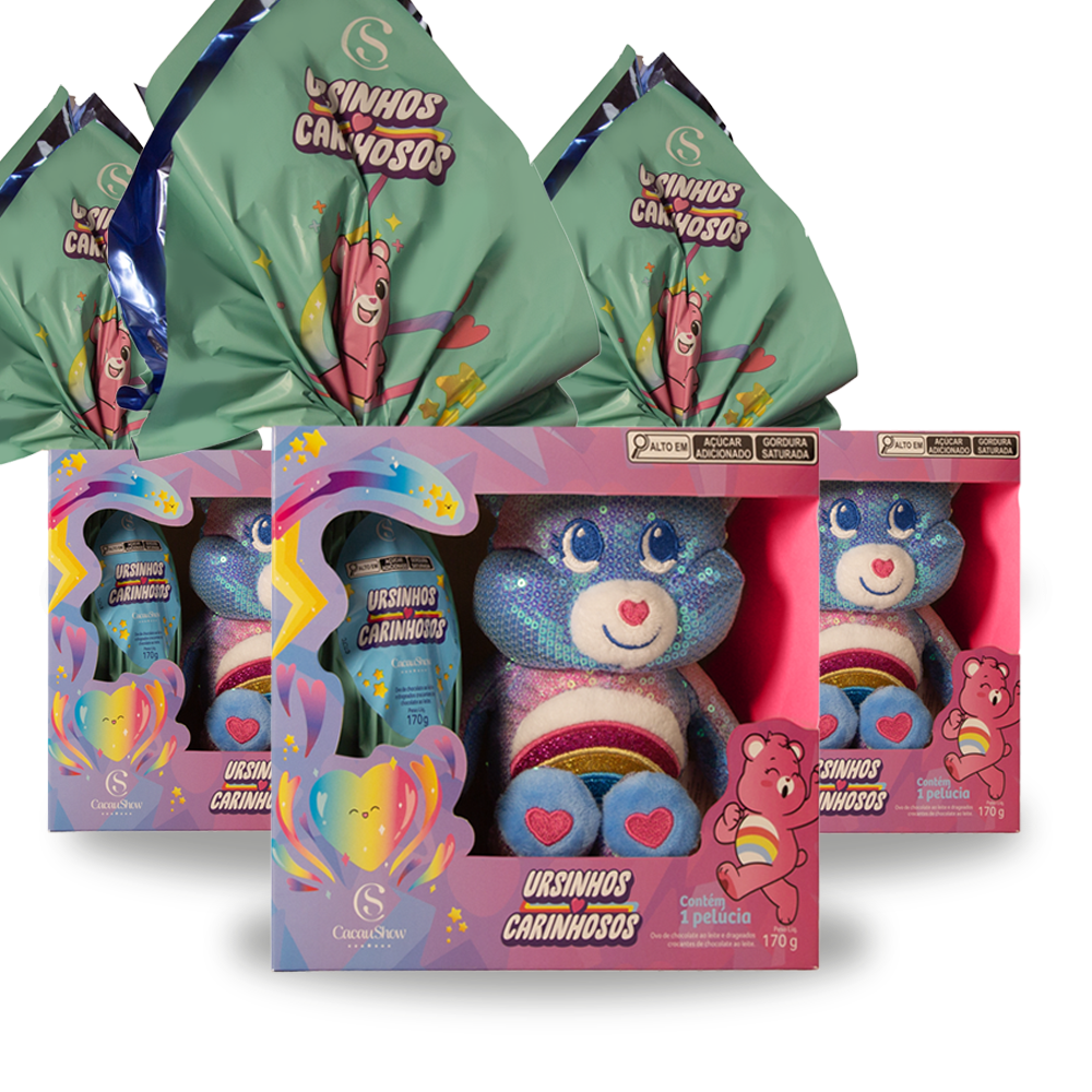 Kit com 3 Ovos de Páscoa Ursinhos Carinhosos Pelúcia Colorido 170g
